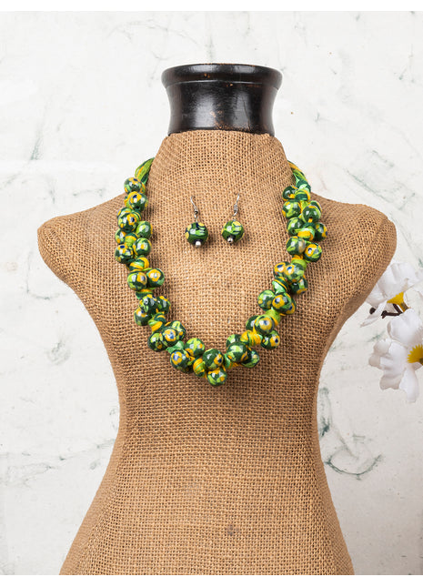 Blue Pottery Knot Necklace Green With Yellow Flower