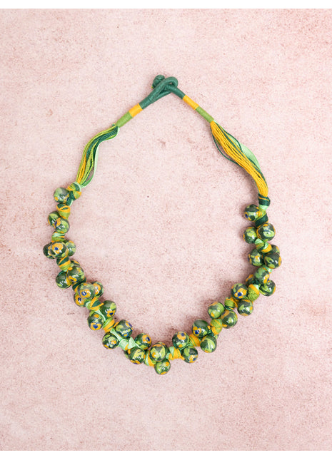 Blue Pottery Knot Necklace Green With Yellow Flower