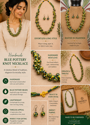 Blue Pottery Knot Necklace Green With Yellow Flower