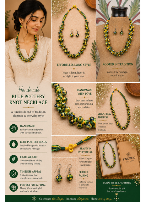 Blue Pottery Knot Necklace Green With Yellow Flower
