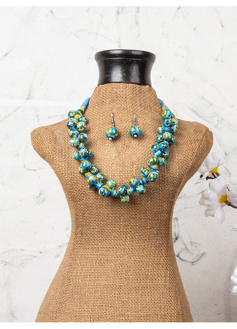 Blue Pottery Knot Necklace Turquoise With Yellow Flower