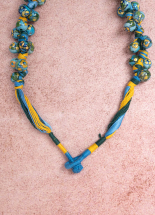 Blue Pottery Knot Necklace Turquoise With Yellow Flower