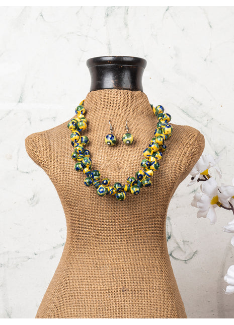 Blue Pottery Knot Necklace Yellow With Blue Flower