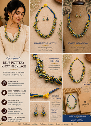 Blue Pottery Knot Necklace Yellow With Blue Flower