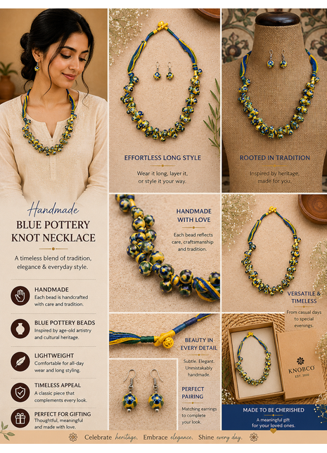 Blue Pottery Knot Necklace Yellow With Blue Flower