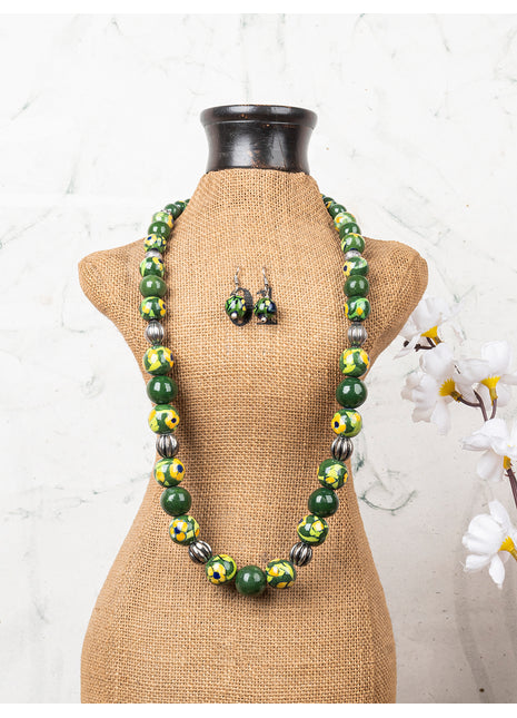 Full Blue Pottery Bead Long Necklace