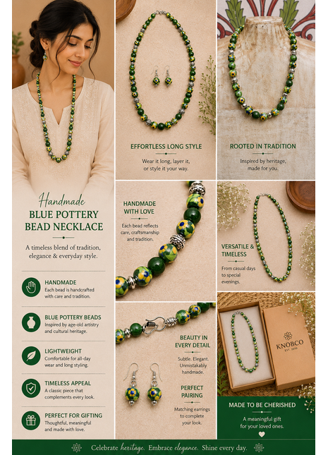 Full Blue Pottery Bead Long Necklace