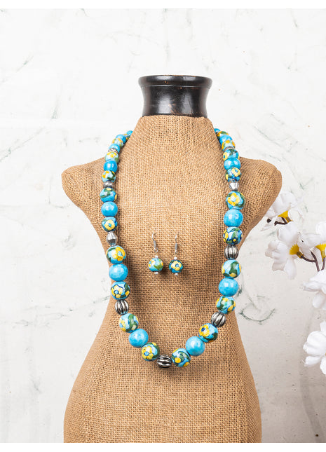 Full Blue Pottery Bead Long Necklace (Turquoise)