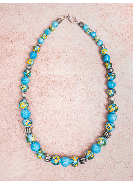 Full Blue Pottery Bead Long Necklace (Turquoise)