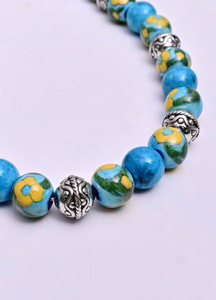 Full Blue Pottery Bead Long Necklace (Turquoise)