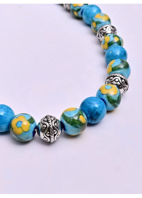 Full Blue Pottery Bead Long Necklace (Turquoise)