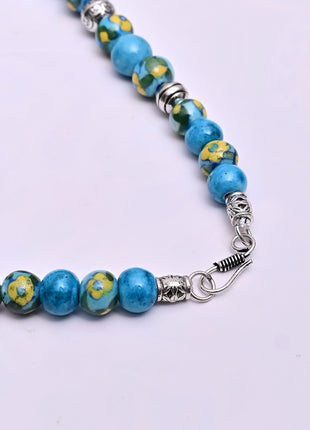 Full Blue Pottery Bead Long Necklace (Turquoise)