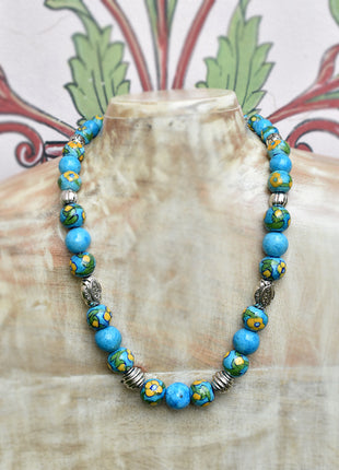 Full Blue Pottery Bead Long Necklace (Turquoise)