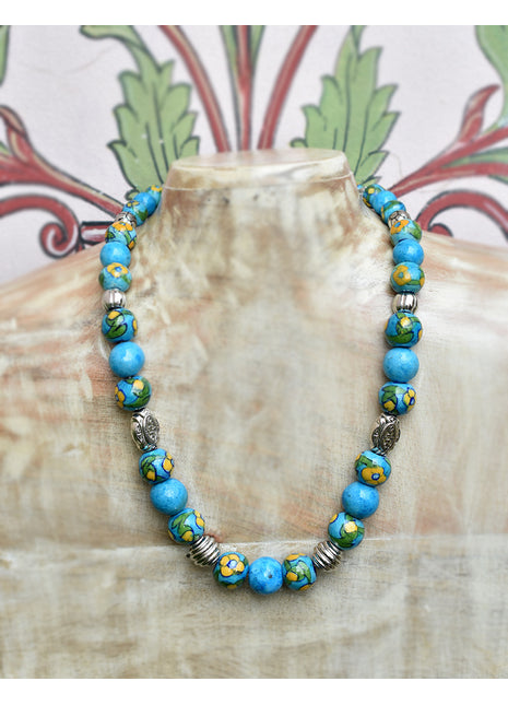 Full Blue Pottery Bead Long Necklace (Turquoise)