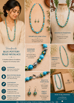 Full Blue Pottery Bead Long Necklace (Turquoise)