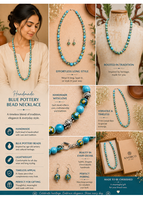 Full Blue Pottery Bead Long Necklace (Turquoise)