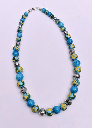 Full Blue Pottery Bead Long Necklace (Turquoise)