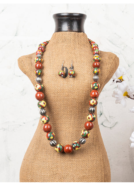 Full Blue Pottery Bead Long Necklace (Red)