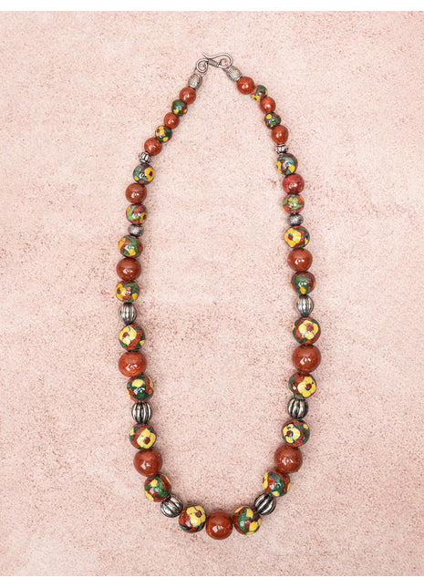 Full Blue Pottery Bead Long Necklace (Red)
