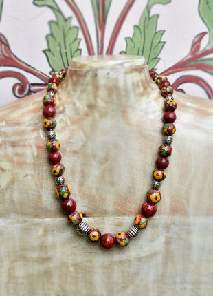 Full Blue Pottery Bead Long Necklace (Red)