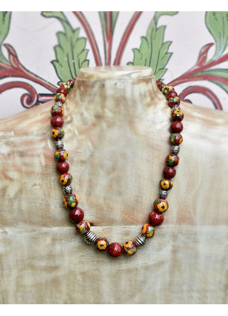 Full Blue Pottery Bead Long Necklace (Red)
