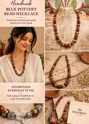 Full Blue Pottery Bead Long Necklace (Red)