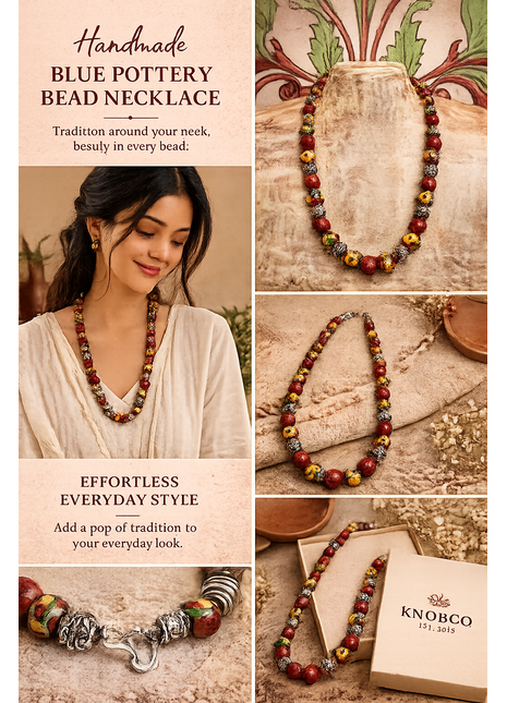 Full Blue Pottery Bead Long Necklace (Red)