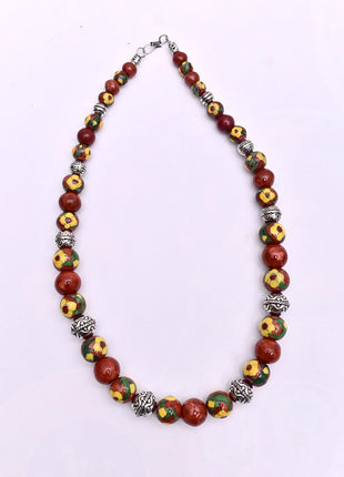 Full Blue Pottery Bead Long Necklace (Red)