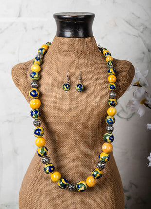 Full Blue Pottery Bead Long Necklace (Yellow)