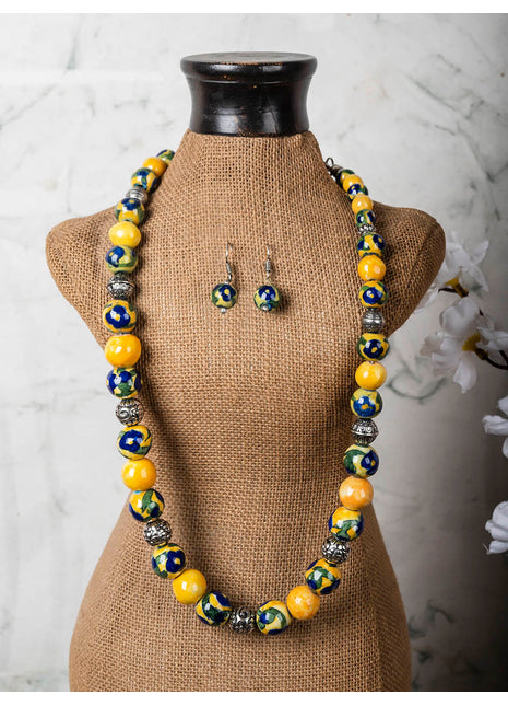 Full Blue Pottery Bead Long Necklace (Yellow)