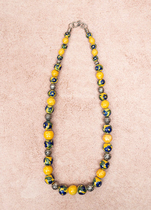 Full Blue Pottery Bead Long Necklace (Yellow)
