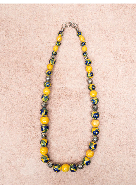 Full Blue Pottery Bead Long Necklace (Yellow)