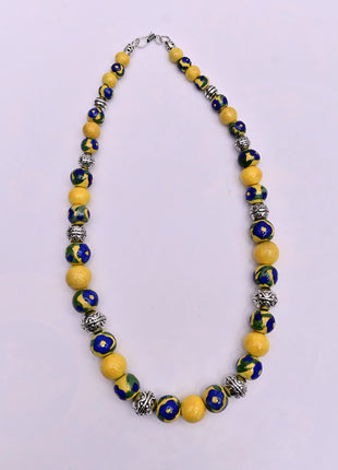 Full Blue Pottery Bead Long Necklace (Yellow)