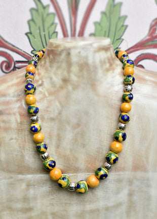 Full Blue Pottery Bead Long Necklace (Yellow)