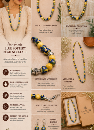 Full Blue Pottery Bead Long Necklace (Yellow)