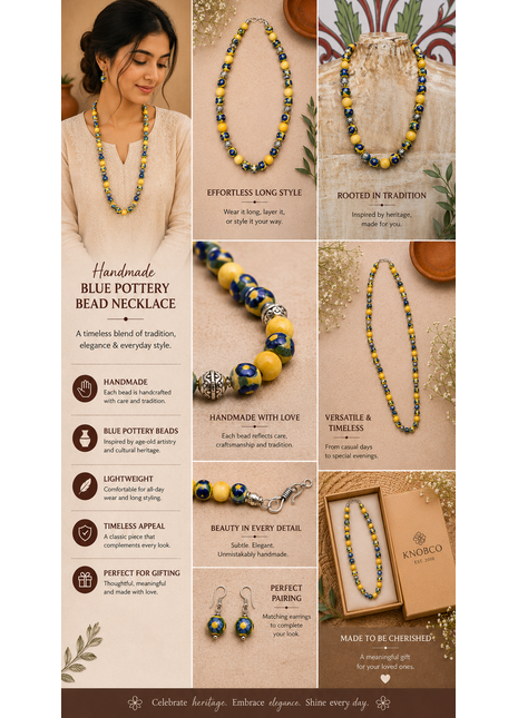 Full Blue Pottery Bead Long Necklace (Yellow)
