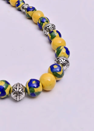 Full Blue Pottery Bead Long Necklace (Yellow)