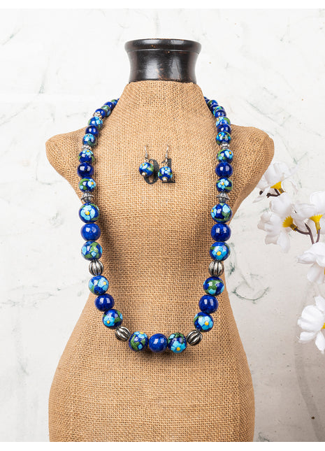Full Blue Pottery Bead Long Necklace (Blue)