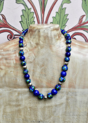 Full Blue Pottery Bead Long Necklace (Blue)