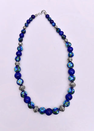 Full Blue Pottery Bead Long Necklace (Blue)