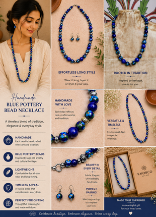 Full Blue Pottery Bead Long Necklace (Blue)