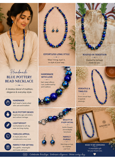 Full Blue Pottery Bead Long Necklace (Blue)