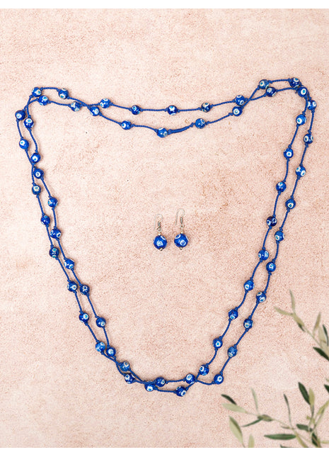 Handmade Blue Pottery Bead Evil Eye Long Necklace(Blue)