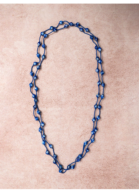 Handmade Blue Pottery Bead Evil Eye Long Necklace(Blue)