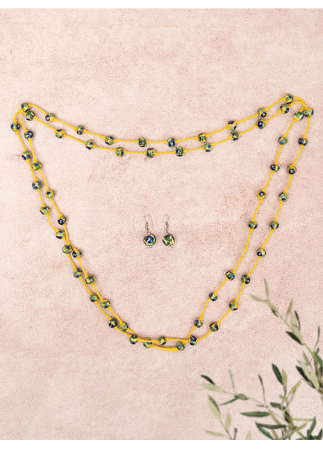 Handmade Blue Pottery Bead Evil Eye Long Necklace(Yellow)