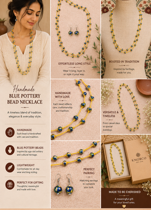 Handmade Blue Pottery Bead Evil Eye Long Necklace(Yellow)