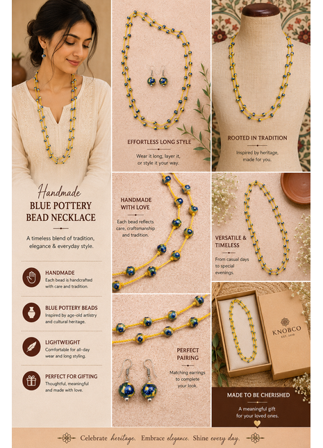 Handmade Blue Pottery Bead Evil Eye Long Necklace(Yellow)