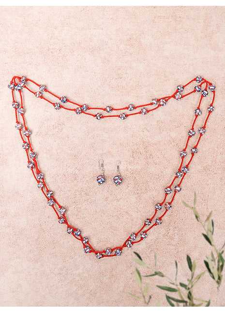 Handmade Blue Pottery Bead Evil Eye Long Necklace(Red)