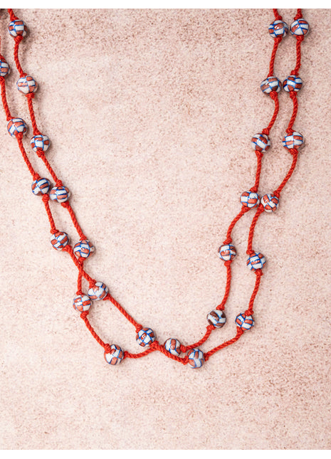 Handmade Blue Pottery Bead Evil Eye Long Necklace(Red)