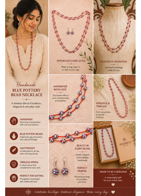 Handmade Blue Pottery Bead Evil Eye Long Necklace(Red)